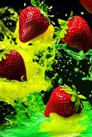 Flying a Strawberry slices with water splashing, photo