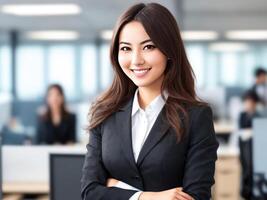 joven sonriente mujer de negocios, en pie en difuminar antecedentes de oficina. generativo ai foto