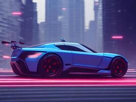 Futuristic electric concept car in cyberpunk background. photo