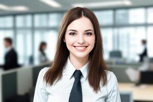 joven sonriente mujer de negocios, en pie en difuminar antecedentes de oficina. generativo ai foto