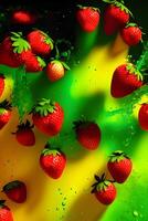 Flying a Strawberry slices with water splashing, photo