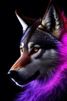 Neon Light Portrait of a Wolf with a dark background. photo