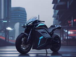 Futuristic concept motorbike in city background. photo