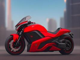 Futuristic concept motorbike in city background. photo