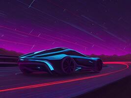 Speeding Sports Car On Neon Highway. photo