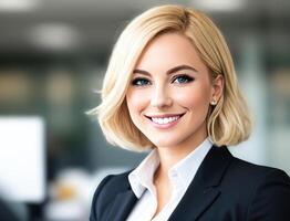 Young smiling businesswoman, standing in blur background of office. photo