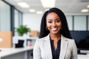 Young smiling businesswoman, standing in blur background of office. photo