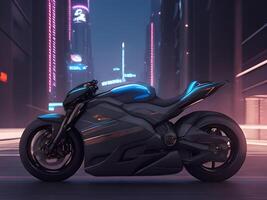 Futuristic concept motorbike in city background. photo