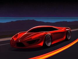 Speeding Sports Car On Neon Highway. photo