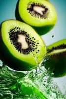 volador un kiwi rebanadas con agua salpicando, generativo ai foto