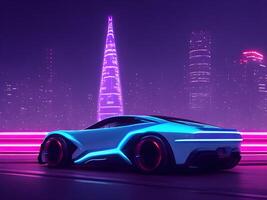 Futuristic electric concept car in cyberpunk background. photo