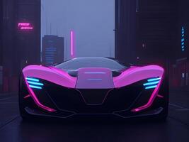 Futuristic electric concept car in cyberpunk background. photo