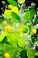 Flying a lime slices with water splashing, photo