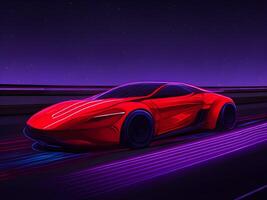 Speeding Sports Car On Neon Highway. photo