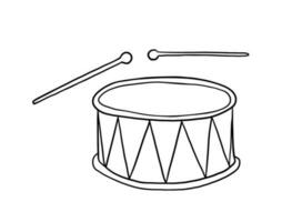 Cute baby drum with sticks. Vector doodle sketch