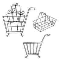Shopping basket with gifts icon. Sketch hand drawn. Doodle vector illustrations set