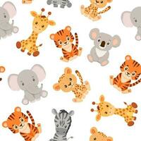 sin costura dibujos animados infantil modelo. linda tigre, elefante, jirafa, coala y guepardo. dibujo africano animales aislado en blanco. vector