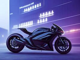 Futuristic concept motorbike in city background. photo