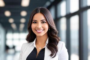 joven sonriente mujer de negocios, en pie en difuminar antecedentes de oficina. generativo ai foto