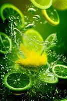 Flying a lime slices with water splashing, photo