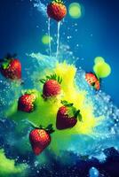 Flying a Strawberry slices with water splashing, photo