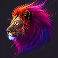 Light neon style art portrait of a lion, photo