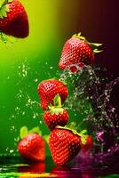 Flying a Strawberry slices with water splashing, photo