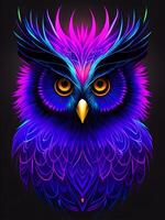 Light neon style art portrait of a owl, photo