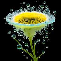 Amazing chamomile with water splash and drops, photo