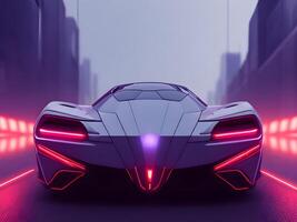 Futuristic electric concept car in cyberpunk background. photo