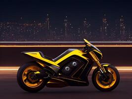 Futuristic concept motorbike in city background. photo