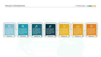 Horizontal timeline or flowchart with seven square elements and space for data. Concept of 7 successive steps of company process. vector