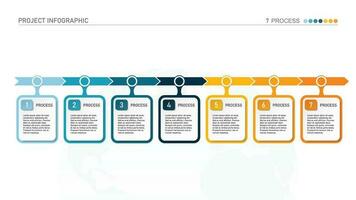 Horizontal timeline or flowchart with seven square elements and space for data. Concept of 7 successive steps of company process. vector