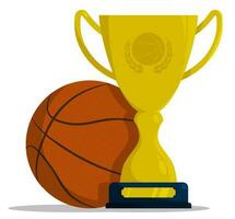 Prize sports cup with ball for participation in basketball competitions. Award trophy to winner of tournament. Vector in flat style