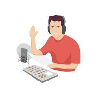 Illustration of radio announcer or broadcaster with microphone and sound mixer. vector