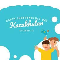 Kazakhstan independence day vector illustration with a boy and his mom waving the national flag.