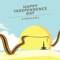 Zimbabwe independence day greeting card with long wavy flag, national heroes monument, and sunny day scenery. African national day vector illustration.