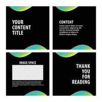 Carousel social media post template. Elegant four pages microblog style. Black colored square graphic element with gradient colored curvy shapes. vector