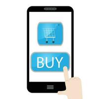 Buy now with use smart phone. Sale web and buy cart with internet, vector illustration