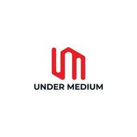 Abstract initial letter UM or MU logo in red color isolated in white background. Initial Letter UM linked uppercase overlaps logo design template. Suitable for business, consulting group company. vector