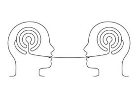 People talk, logic speech, understanding conversation, outline. Maze logic thinking brain. Psychotherapy communication. Conversation two person, dialog speak. Vector continuous line