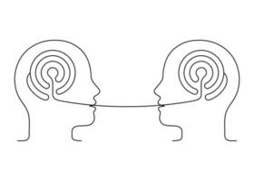 People talk, logic speech, understanding conversation, outline. Maze logic thinking brain. Psychotherapy communication. Conversation two person, dialog speak. Vector continuous line