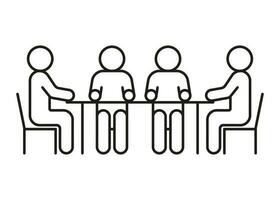 grupo de personas sentadas en la mesa, conversación, discusión, línea de iconos de reunión. comunicación del hombre sobre el trabajo en equipo, asociación de igualdad. ilustración vectorial vector