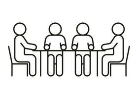 Group people seat at table, conversation, discussion, meeting icon line. Man communication on work in team, equality partnership. Vector illustration