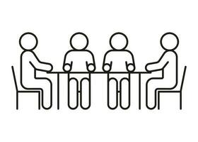 Group people seat at table, conversation, discussion, meeting icon line. Man communication on work in team, equality partnership. Vector illustration