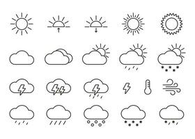 Weather sun and cloud, line icon set. Environment sunshine, thunder, storm, wind, snow cloud Vector sign