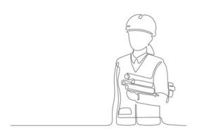 Woman architect builder holding blueprint paper in arm, single continuous line drawing. Professional worker in helmet. Plan of building construction on paper. Minimalism one line draw vector