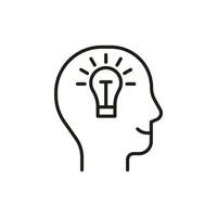 Head profile with think idea mind, line icon. Face with lightbulb. smart idea lamp symbol. Control of mind, positive thinking and inspiration, psychology. Vector illustration