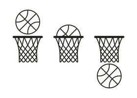 Basketball ball hits hoop with net icon. Accurate hit, throw at target. Sports game with goal. Hitting ball in ring, success. Vector illustration