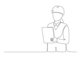 Woman architect builder holding blueprint paper in arm, single continuous line drawing. Professional worker in helmet. Plan of building construction on paper. Minimalism one line draw vector